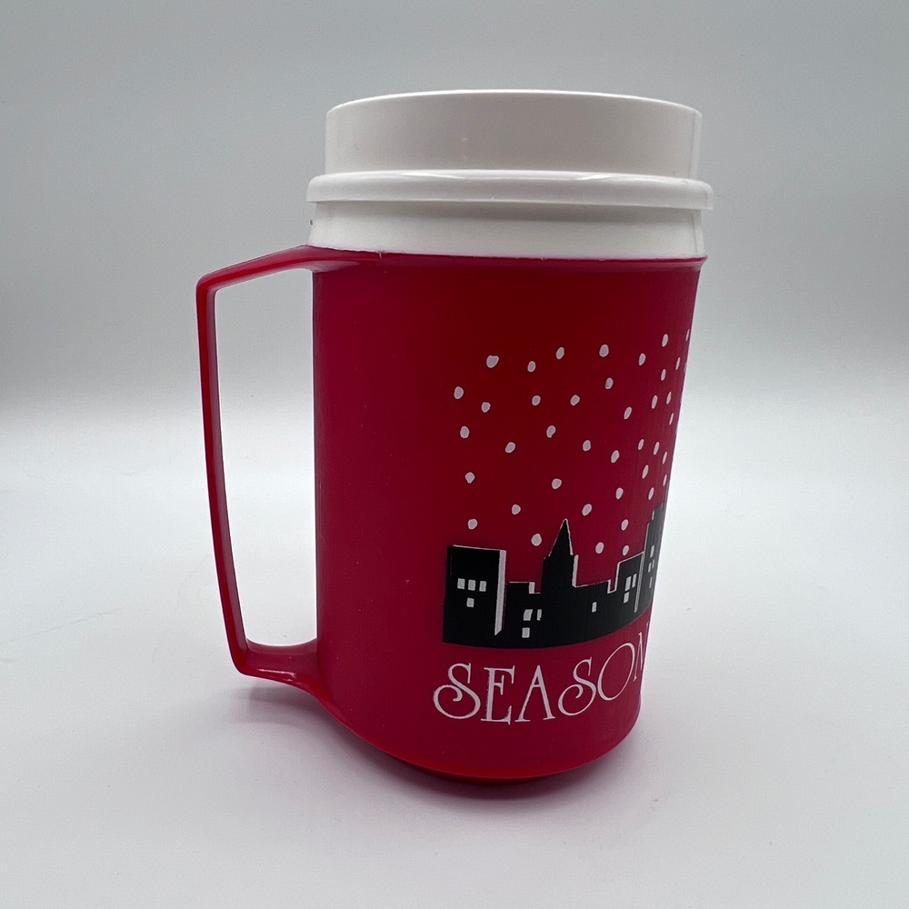 Vintage Aladdin Seasons Greetings Holiday Travel Mug Red Santa Sleigh Cityscape